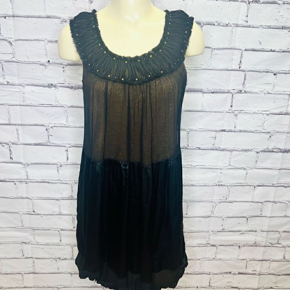BCBGMAXAZRIA Womens Black Gold Silk Halter Balloon Sheer Mini Dress Size 0
